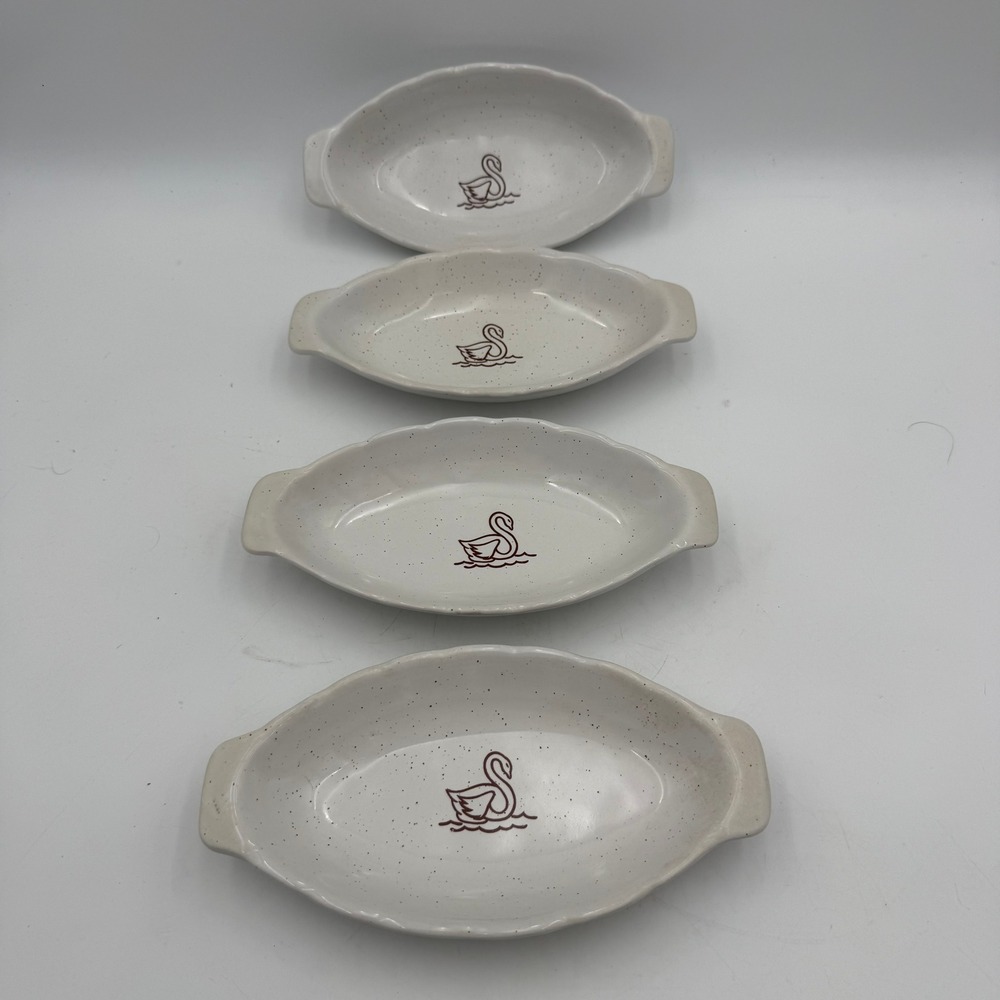 Vintage Speckled Stoneware Swan Au Gratin Dishes Set of 4 Oval Baking Bowls